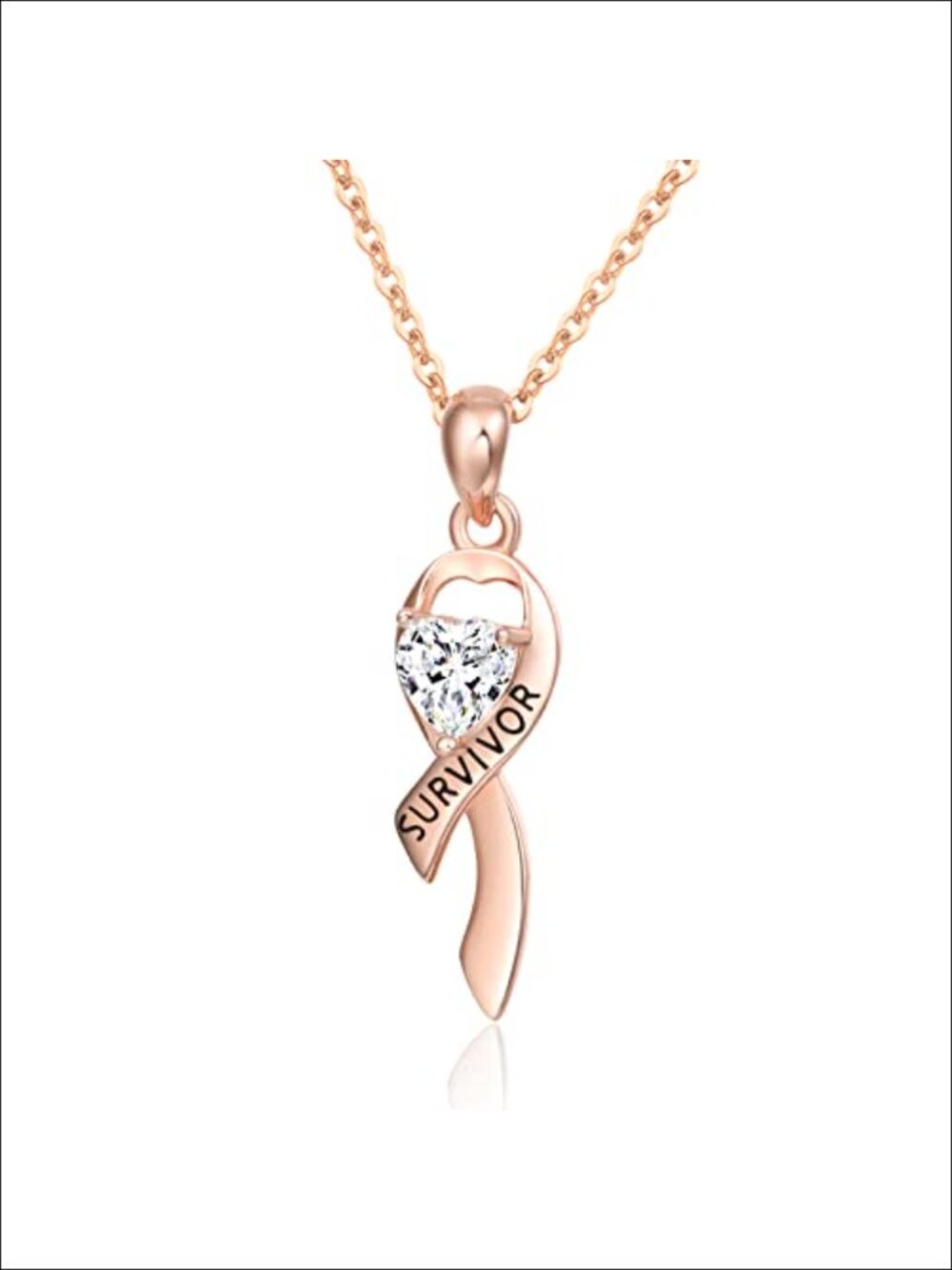 Sterling Silver Pink Ribbon Survivor Pendant Necklace with Cubic Zirconia